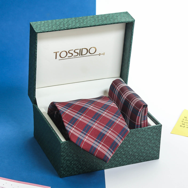 Maroon Check Necktie & Pocket Square Giftset