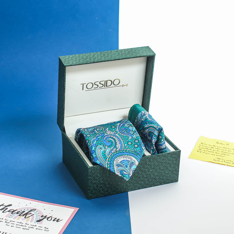 Blue Paisley Printed Necktie & Pocket Square Giftset