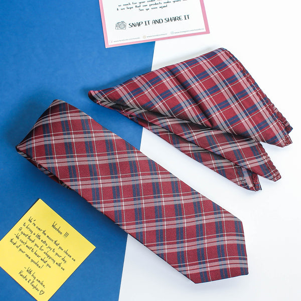 Maroon Check Necktie & Pocket Square Giftset