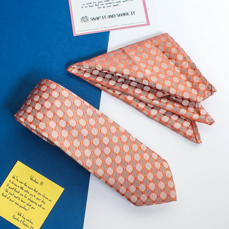 Orange Geometric Necktie & Pocket Square Giftset