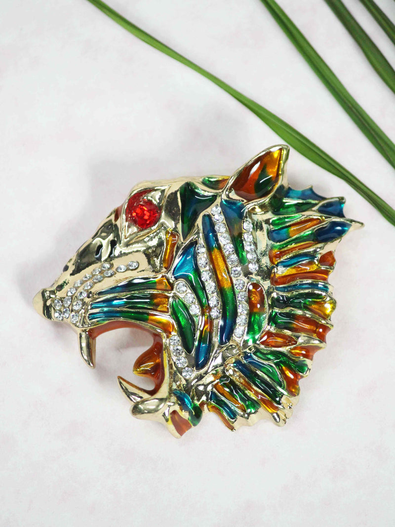 Multicolor Metal Tiger Brooch