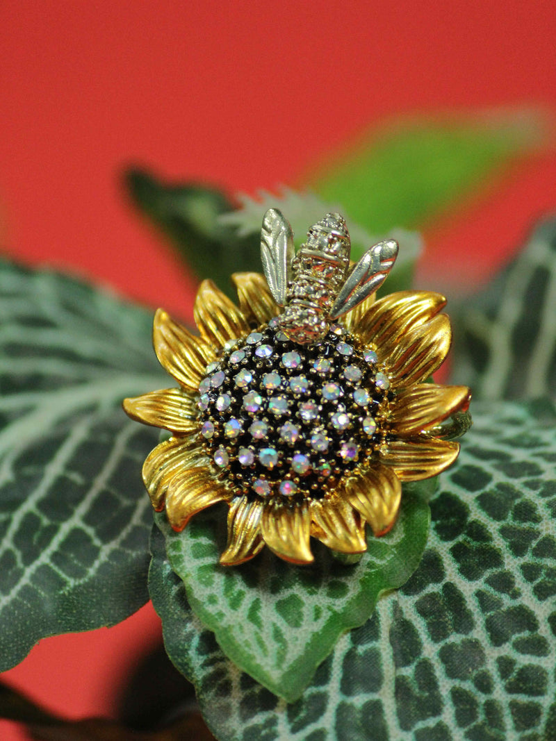 Yellow Metal Bee & Sunflower Brooch