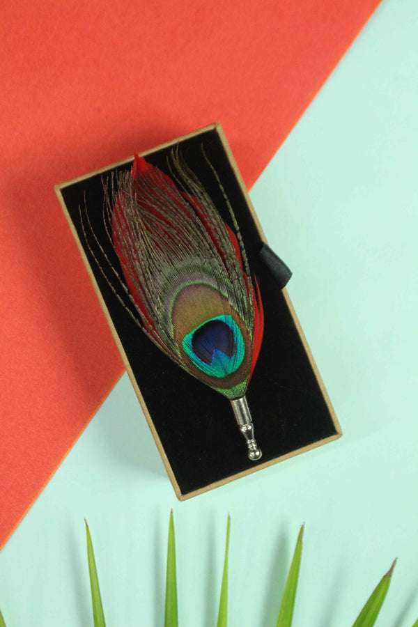 Red Peacock Feather Brooch