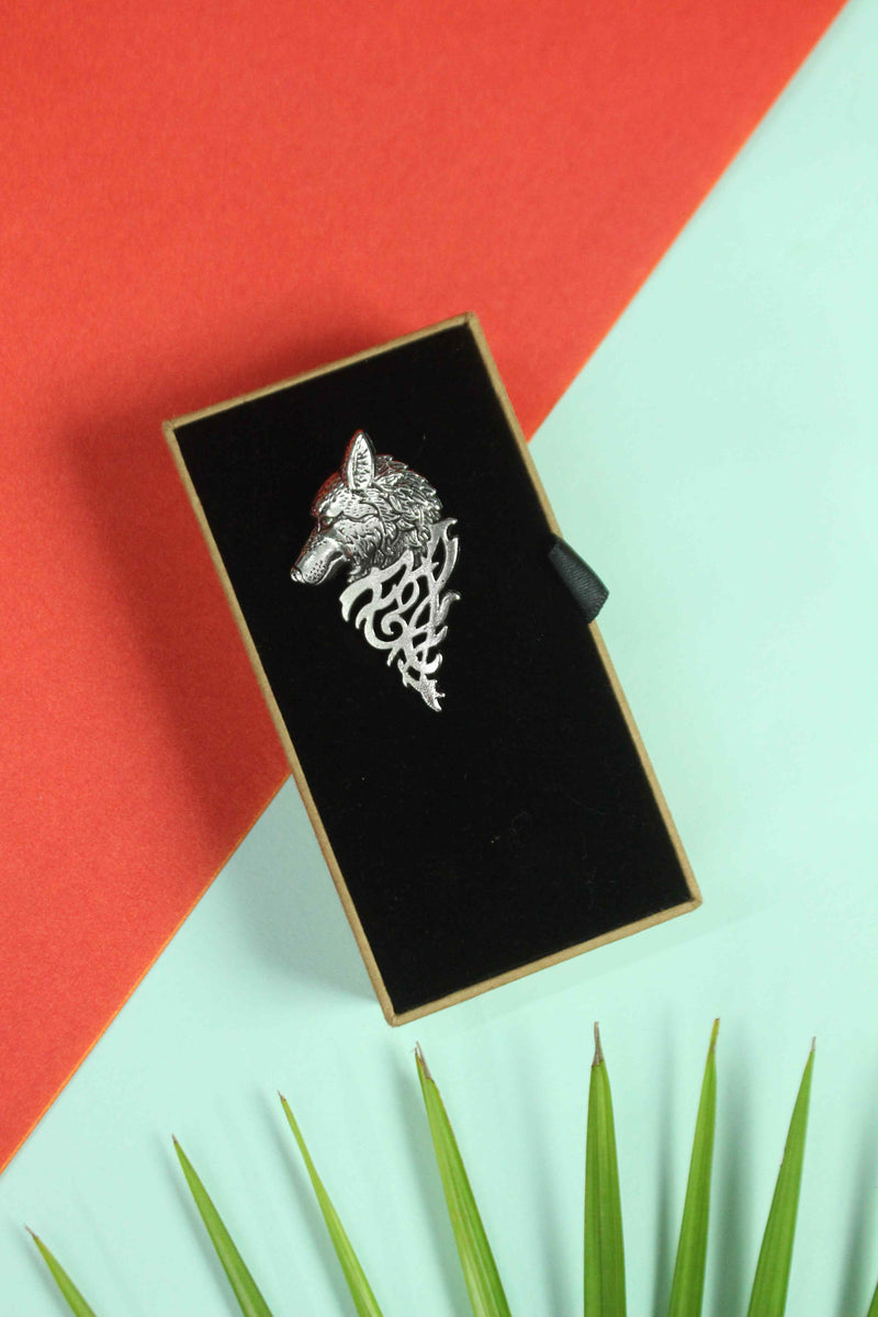 Silver Metal Wolf Brooch