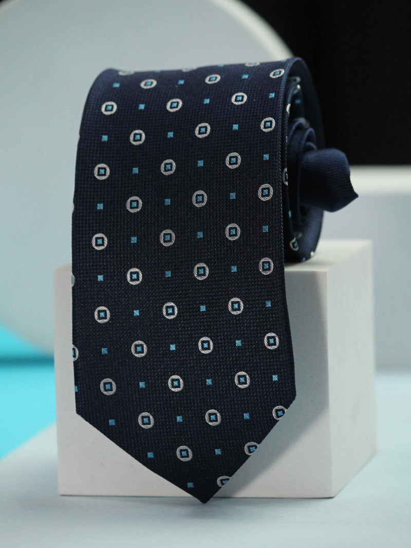 Blue Geometric Woven Silk Necktie