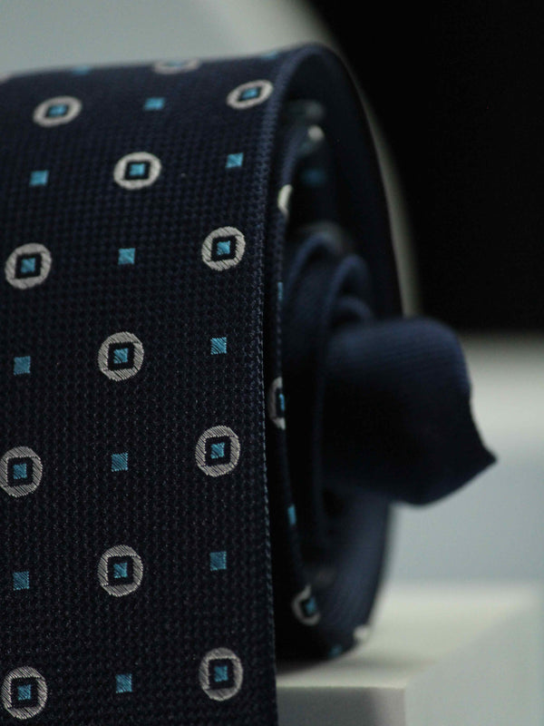 Blue Geometric Woven Silk Necktie