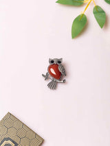 Silver Owl Brooch with Brownish Red Stone