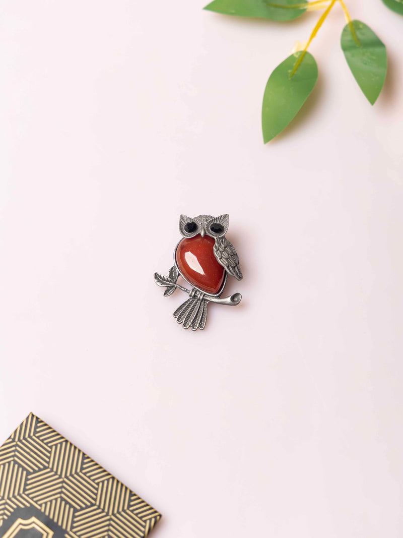 Silver Owl Brooch with Brownish Red Stone