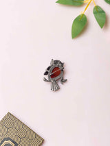 Silver Owl Brooch with Brownish Red Stone