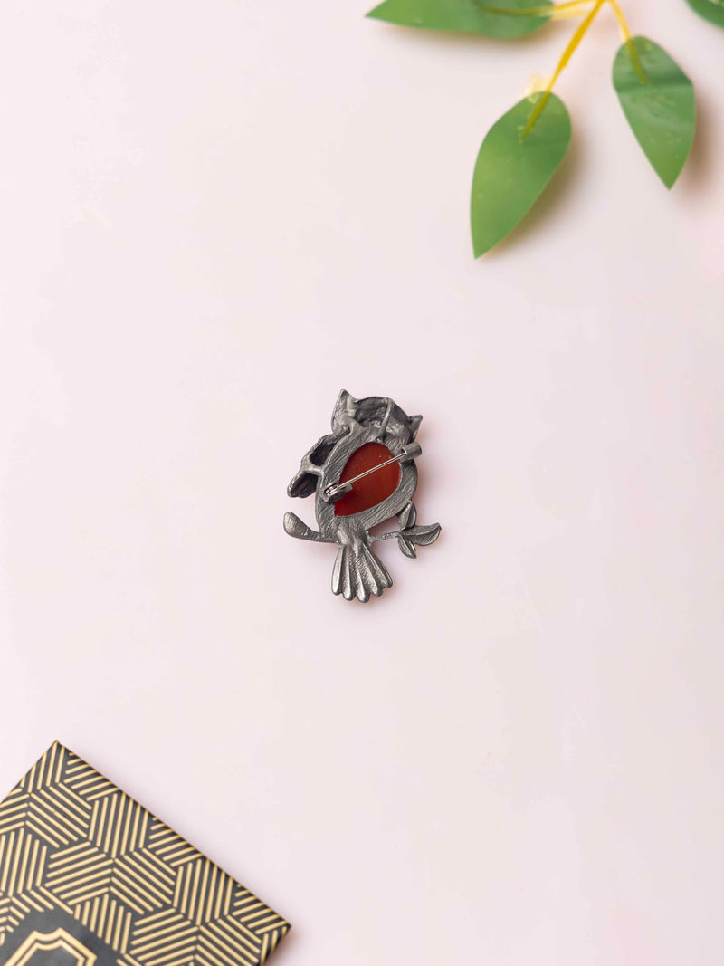 Silver Owl Brooch with Brownish Red Stone