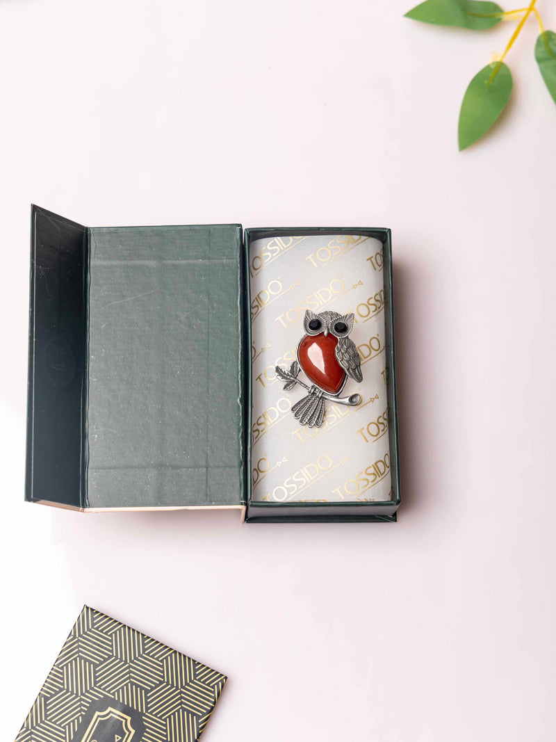 Silver Owl Brooch with Brownish Red Stone