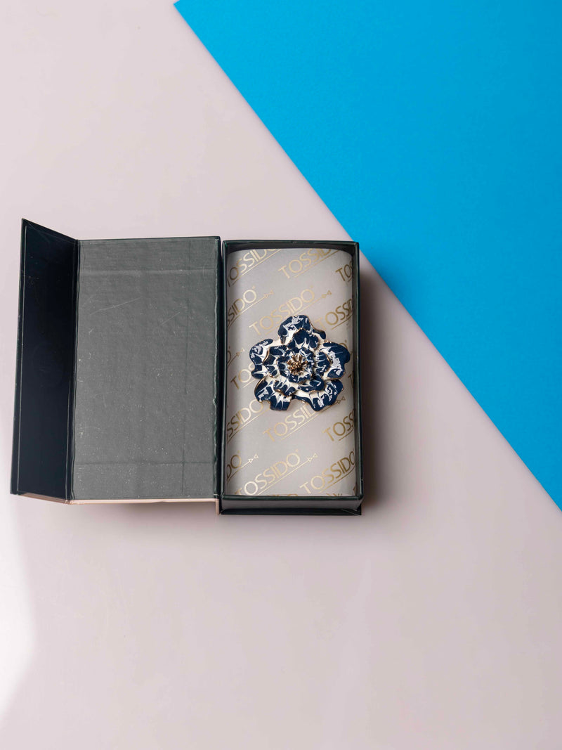 Navy Blue White Floral Brooch