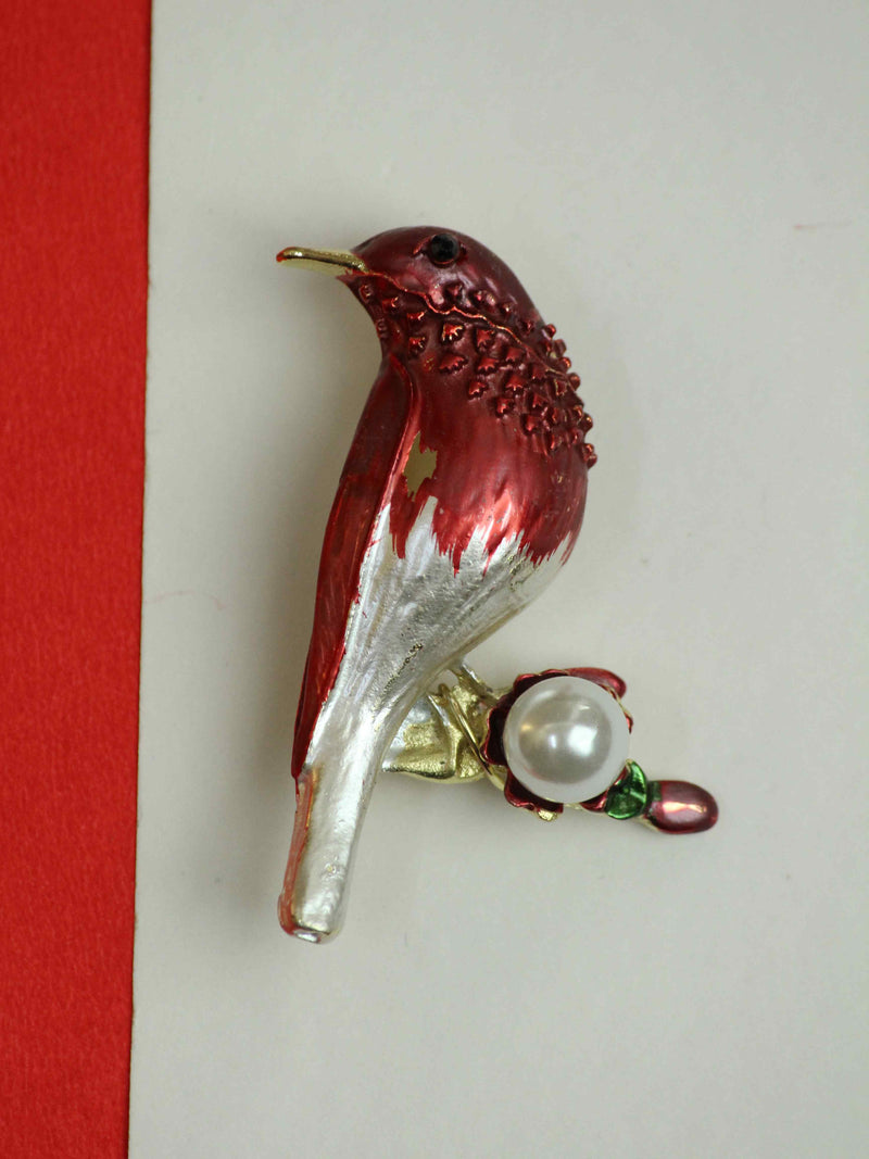 Red & White Bird Brooch