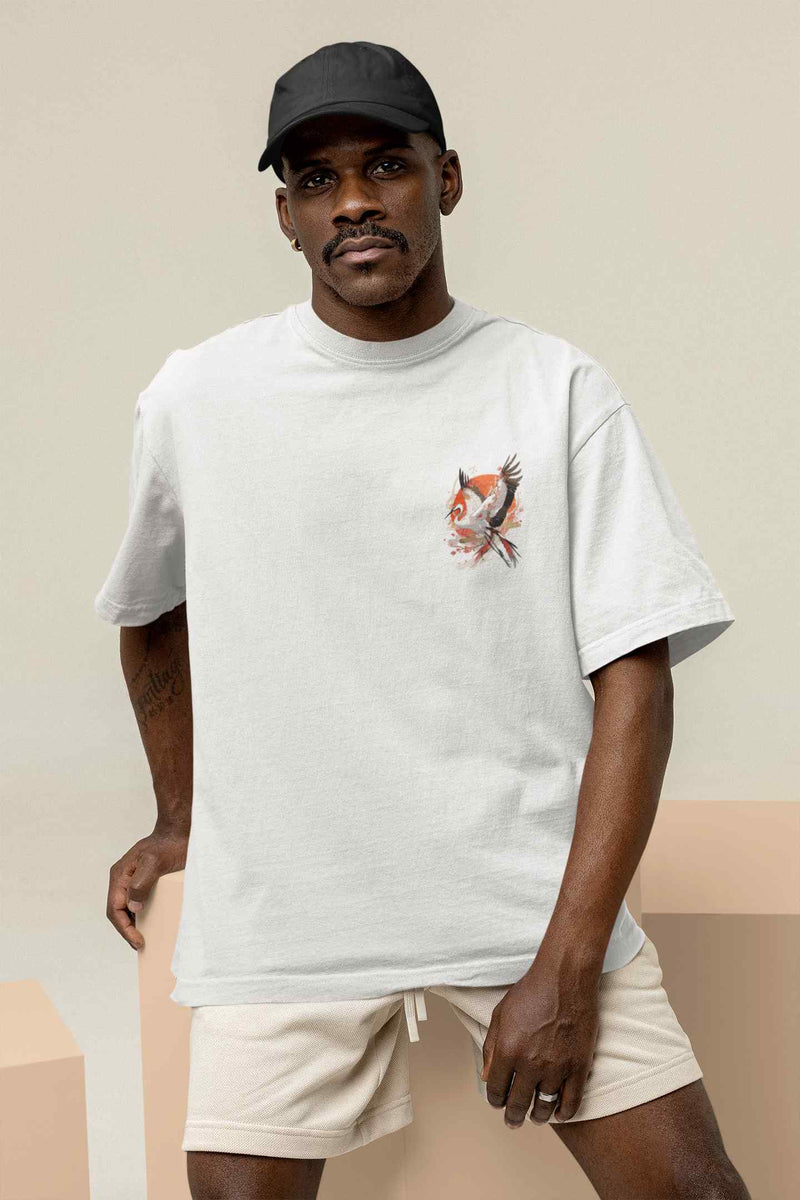 Radiant Reverie: A Crane's Flight through Sunlit Skies Oversized Tee