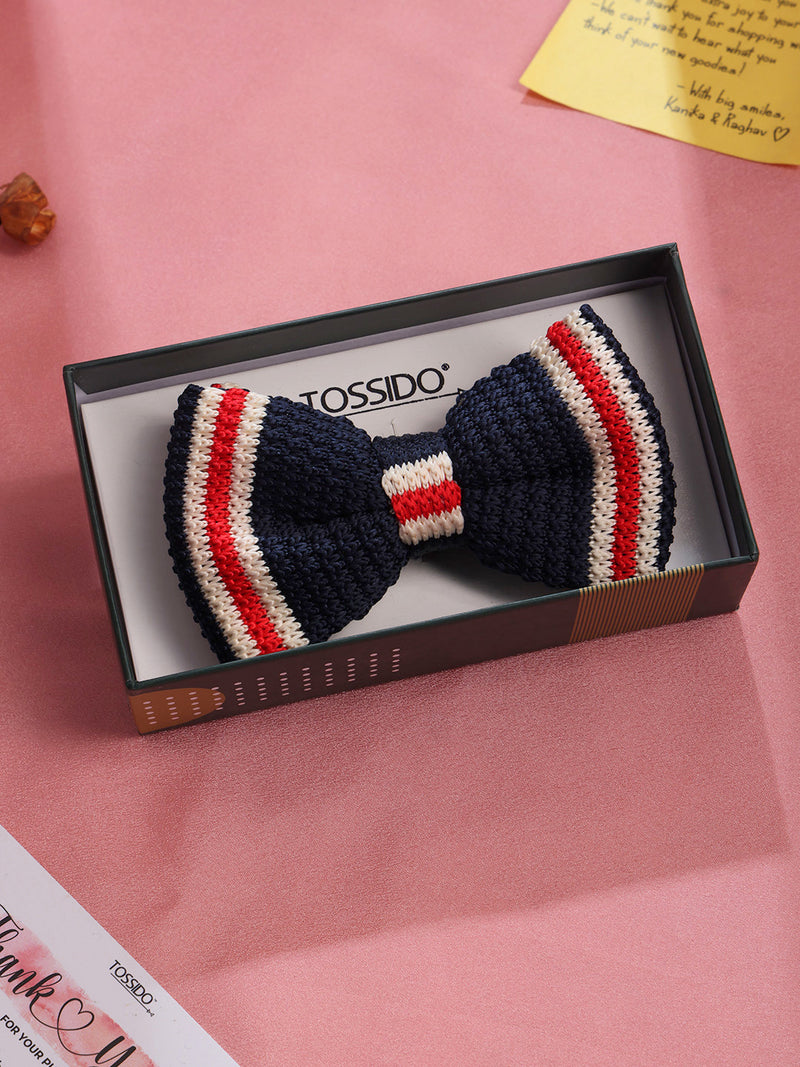 Blue Base Knitted Bow Tie with Red & White Stripes