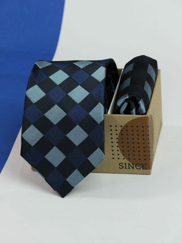 Blue Check Necktie & Pocket Square Giftset