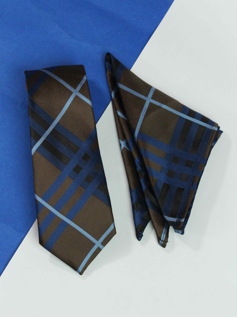 Blue & Brown Check Necktie & Pocket Square Giftset