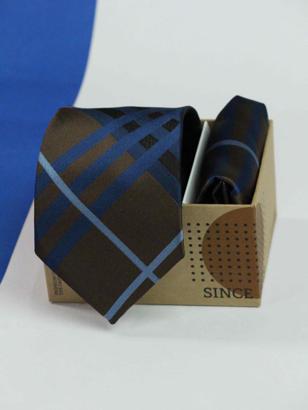 Blue & Brown Check Necktie & Pocket Square Giftset