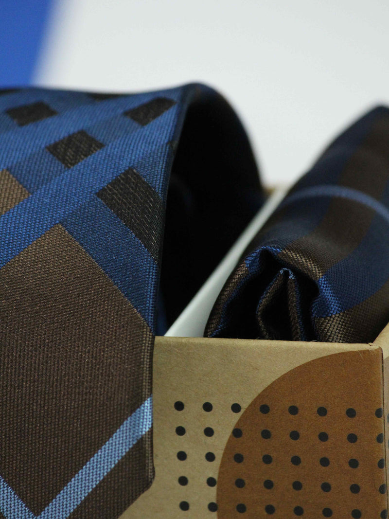 Blue & Brown Check Necktie & Pocket Square Giftset