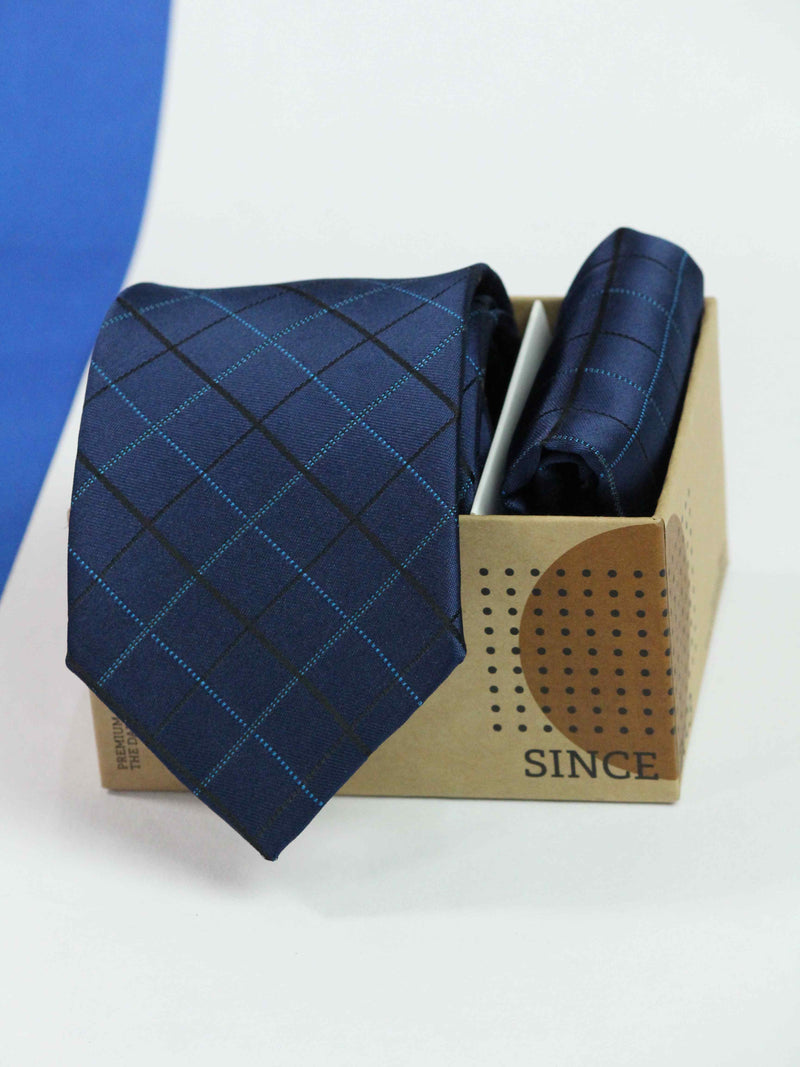 Blue Check Necktie & Pocket Square Giftset