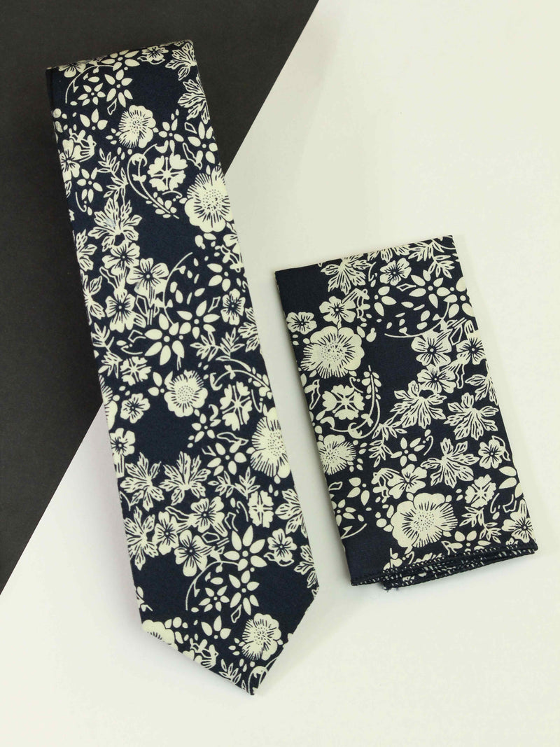 Blue & White Floral Necktie & Pocket Square Giftset