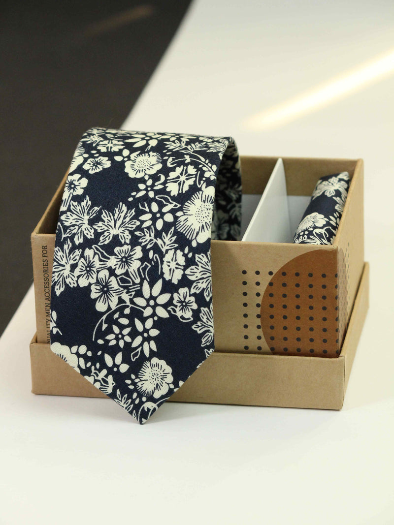 Blue & White Floral Necktie & Pocket Square Giftset