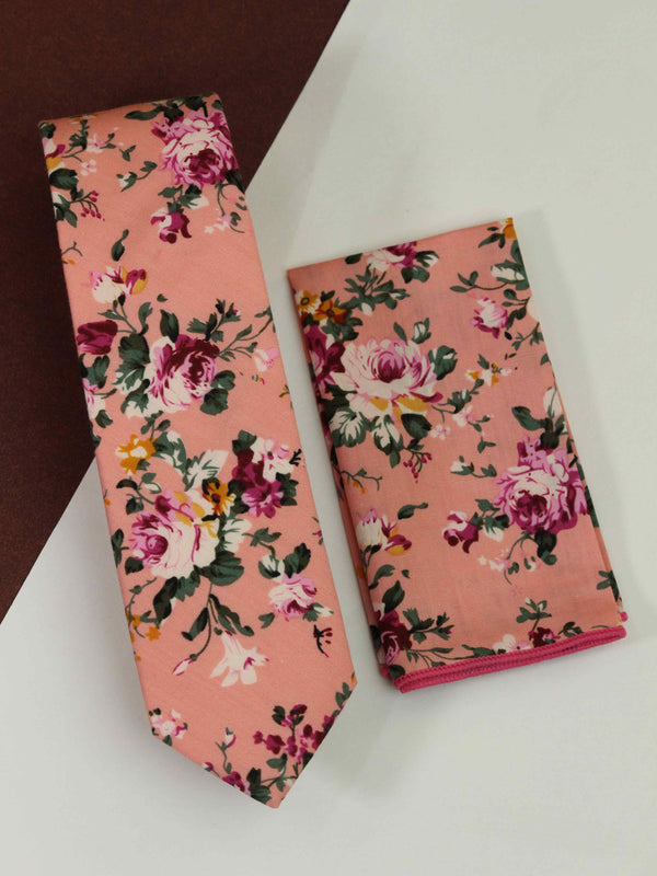 Peach Floral Necktie & Pocket Square Giftset