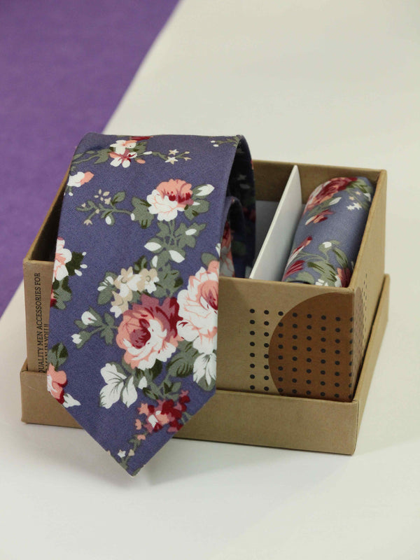 Purple Floral Necktie & Pocket Square Giftset