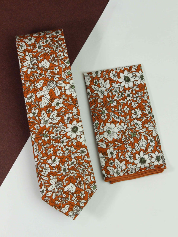 Orange & White Floral Necktie & Pocket Square Giftset