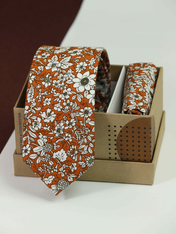 Orange & White Floral Necktie & Pocket Square Giftset