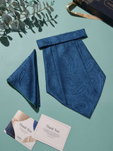 Teal Blue Tonal Paisley Woven Cravat & Pocket Square Set - TOSSIDO