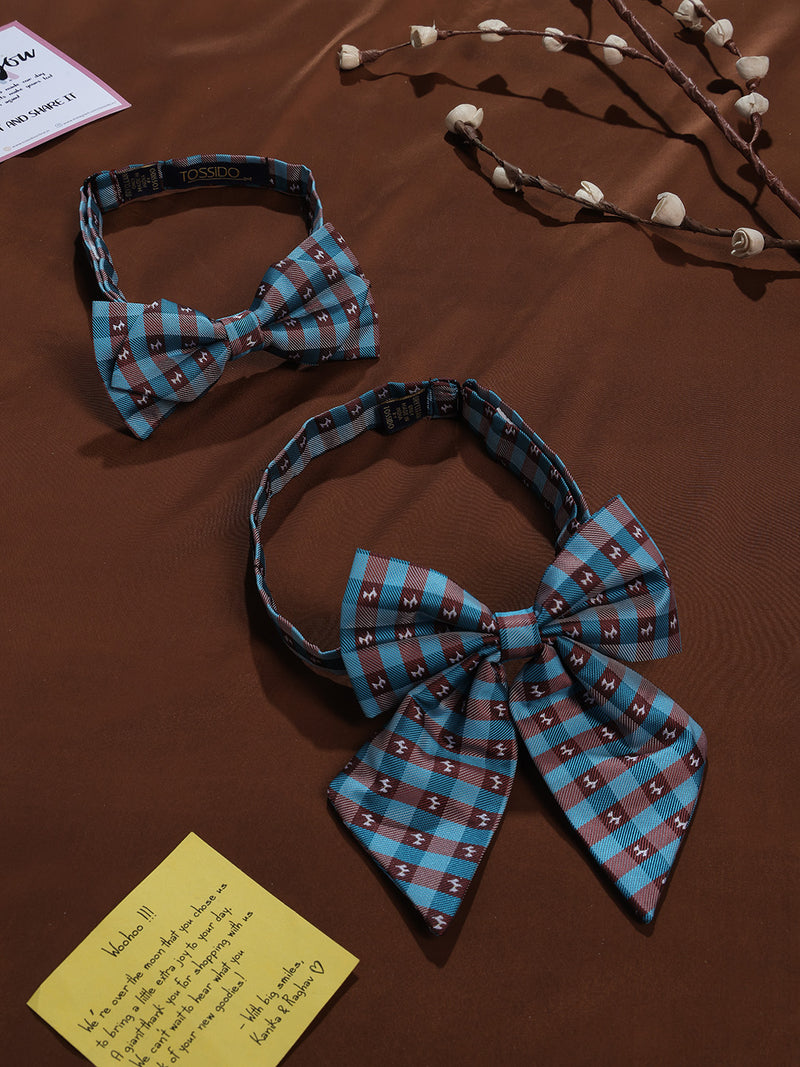 Blue & Brown Check Bowtie Set for Men and Dogs