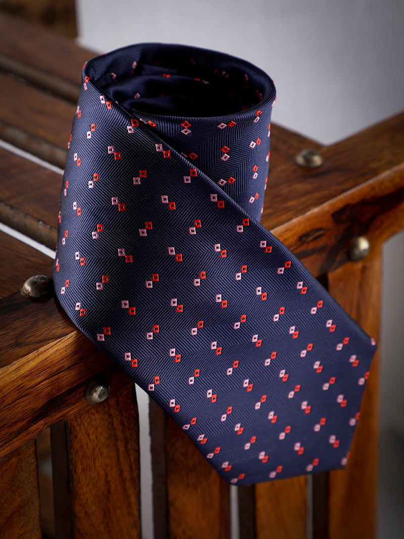 Blue Geometric Woven Long Necktie