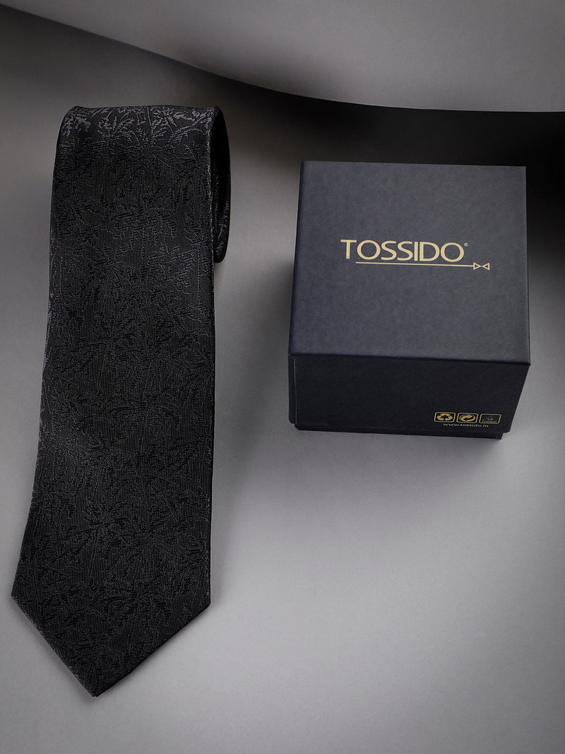 Black & Grey Floral Woven Long Necktie
