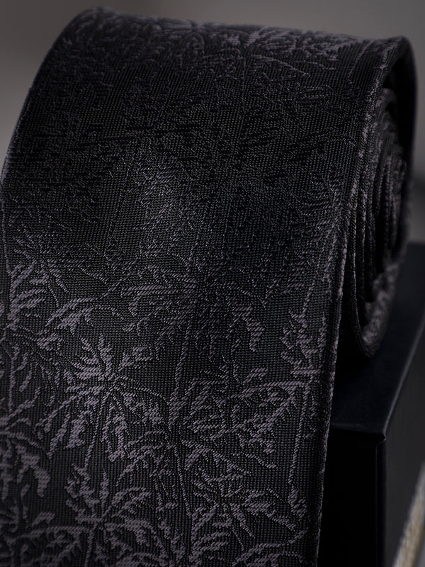 Black & Grey Floral Woven Long Necktie