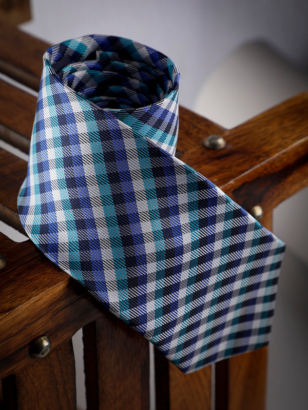 Blue Check Woven Long Necktie