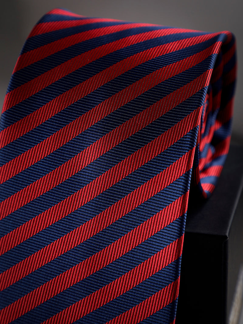 Red & Blue Stripe Woven Long Necktie