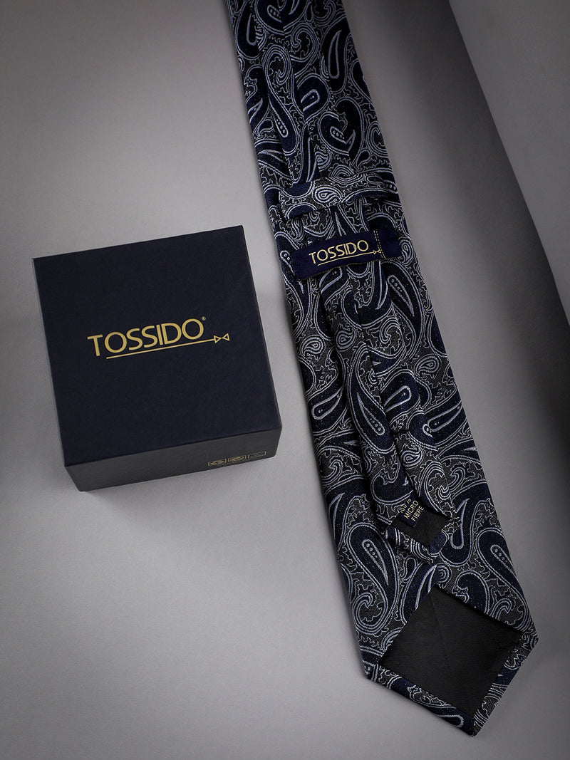 Grey & Blue Paisley Woven Long Necktie