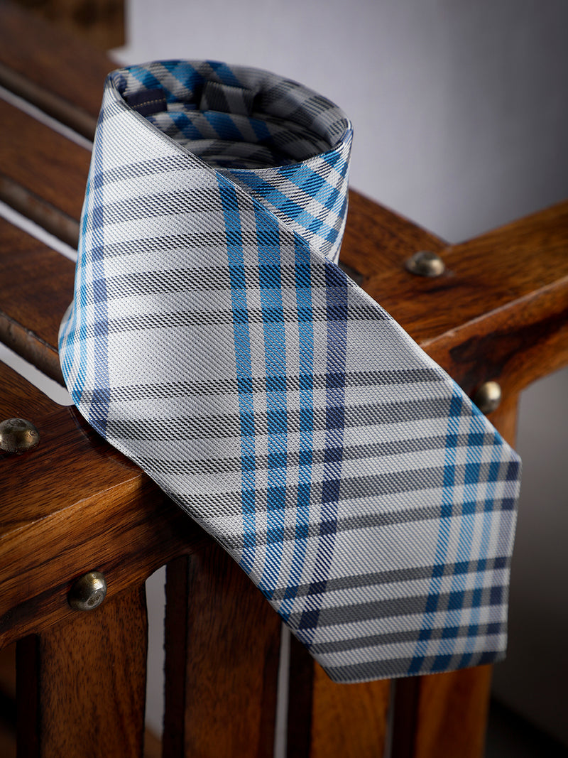 Grey & Blue Check Woven Long Necktie