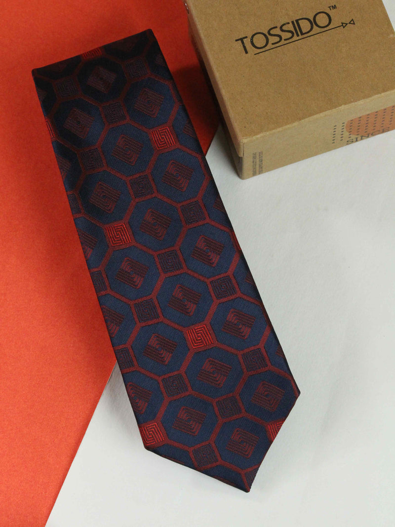 Blue & Maroon Geometric Woven Necktie