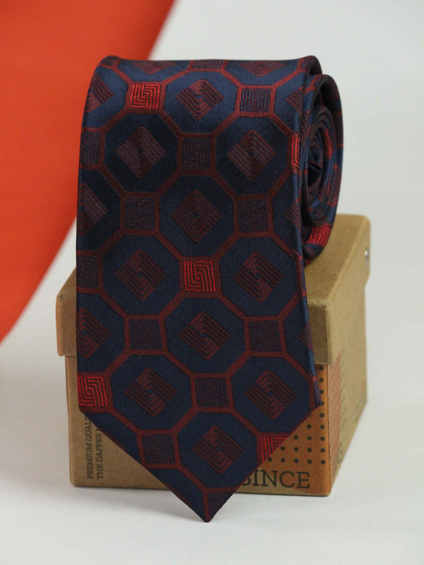 Blue & Maroon Geometric Woven Necktie