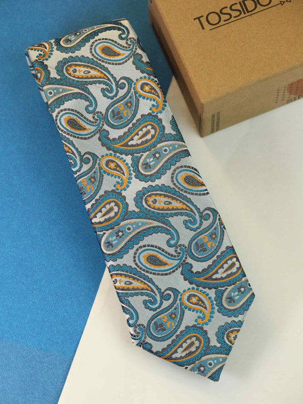 White & Blue Paisley Woven Necktie