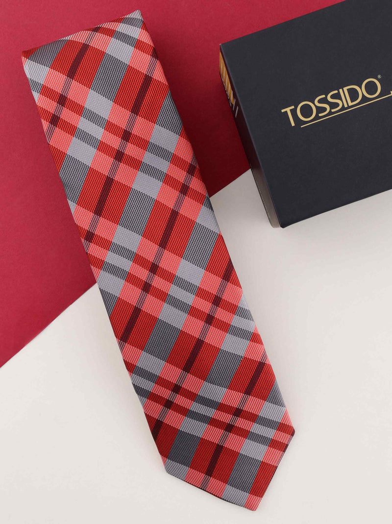 Red & Grey Check Woven Necktie