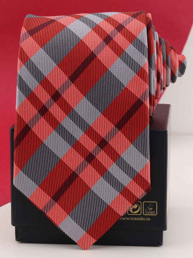 Red & Grey Check Woven Necktie