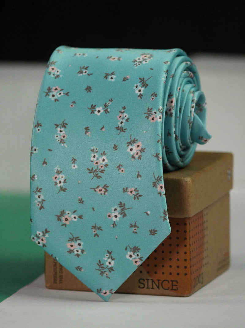 Turquoise Floral Printed Necktie