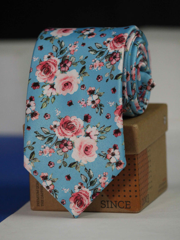 Blue Floral Printed Necktie