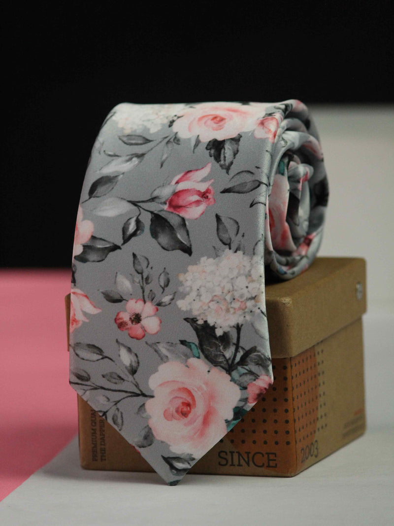 Grey Floral Printed Necktie