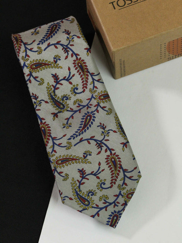 Grey Paisley Printed Silk Necktie