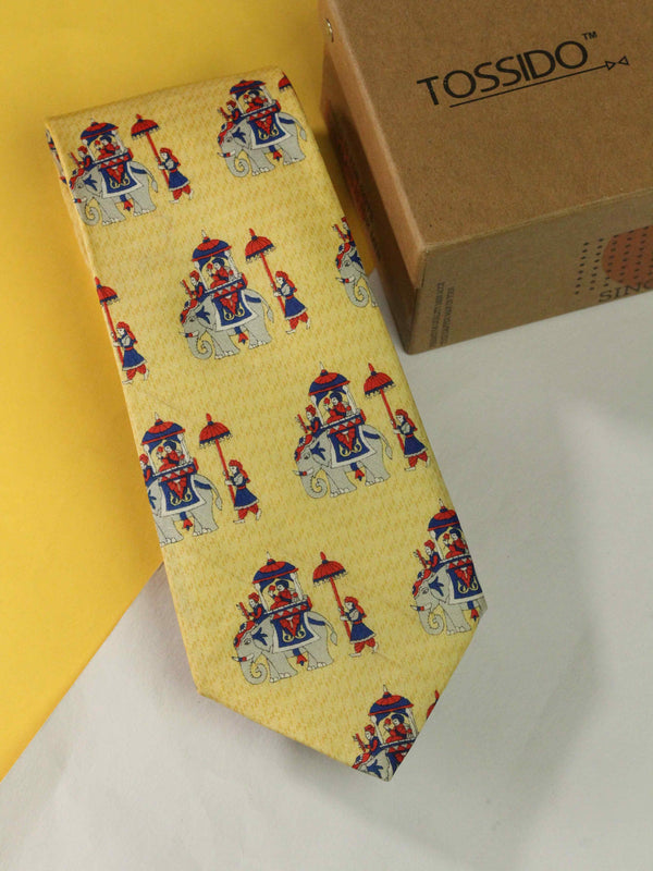 Yellow Elephant Printed Silk Necktie
