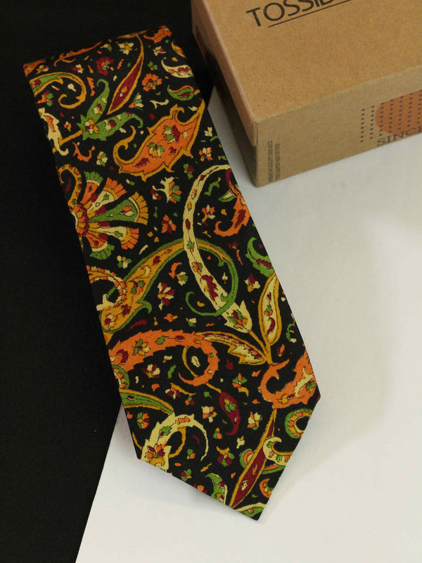 Black & Orange Paisley Printed Silk Necktie